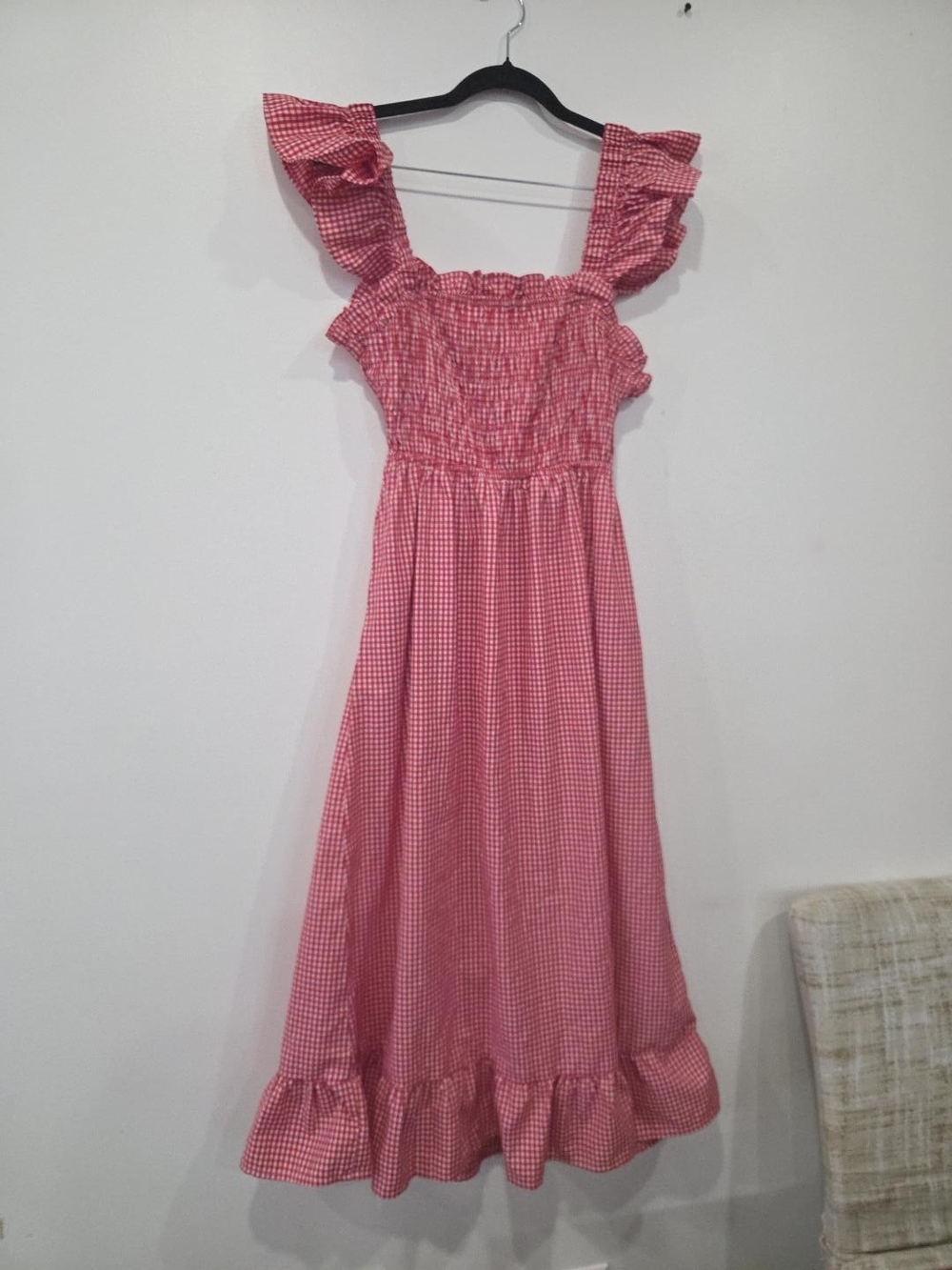 Pink Gingham Smocked Midi Dress with Ruffle Straps - Picture 2 of 5